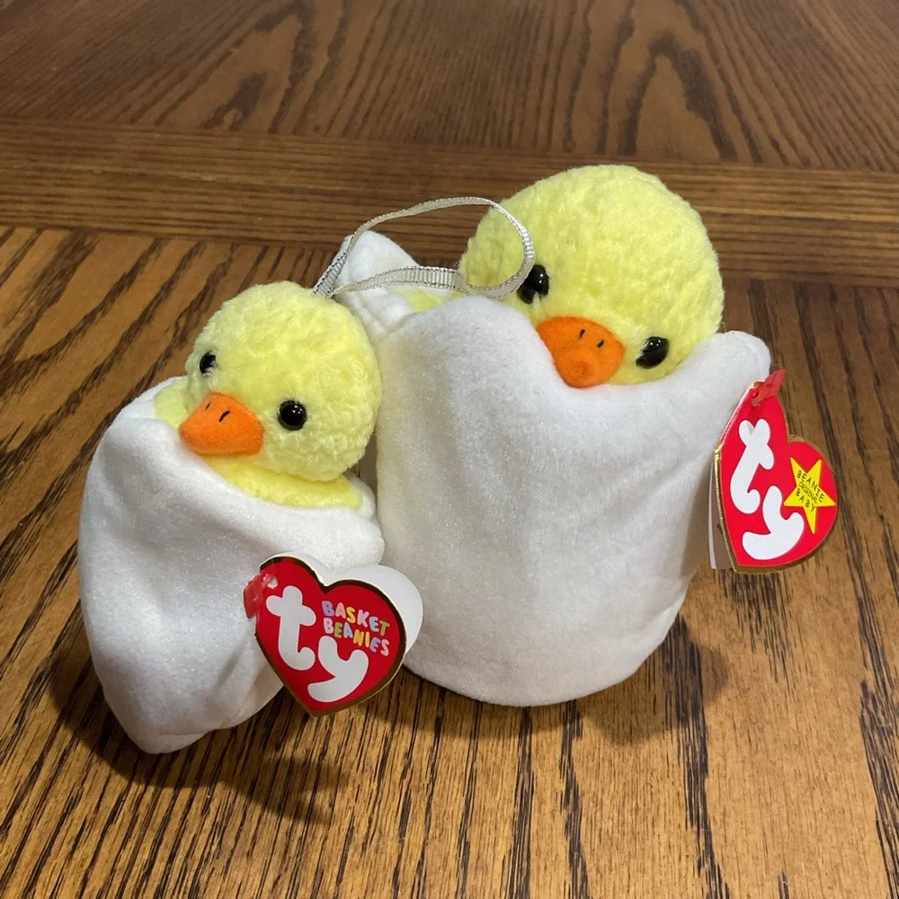 TY EGGBERT Basket Beanie & Beanie Baby Yellow Duck Pair Easter
